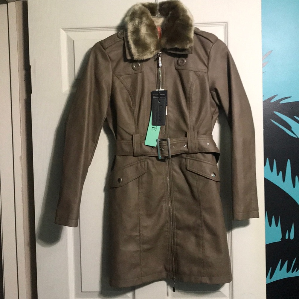 Cavalini Long Leather Fur Trim Coat